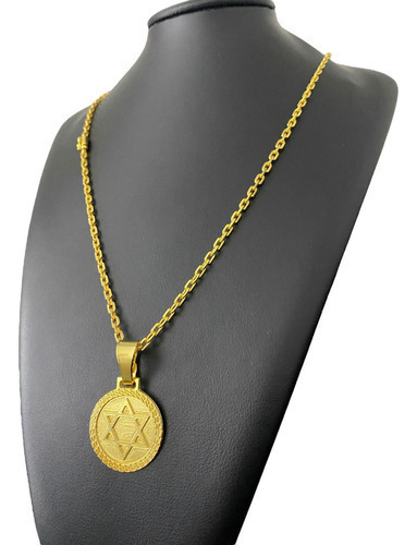Cordão Cadeado 3mm Com Pingente Estrela Davi Banhado A Ouro
