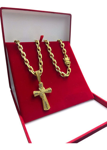 Cordão 10mm Cadeado + Pingente Cruz Cravejado Banhado A Ouro