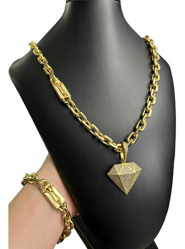 Cordão Pulseira Pingente 12mm Cadeado Banhado Ouro 18k Luxo