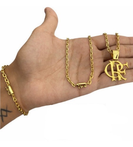 Kit Cordão + Pulseira + Pingente 3mm Cadeado Banhado Ouro