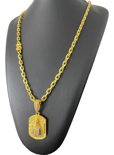 Cordão Cadeado 6mm Fecho + Pingente N Sra Banhado A Ouro 18k