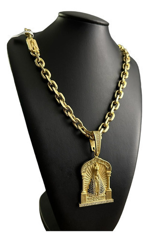 Cordão Cadeado 12mm + Pingente Nossa Senhora Banhado A Ouro