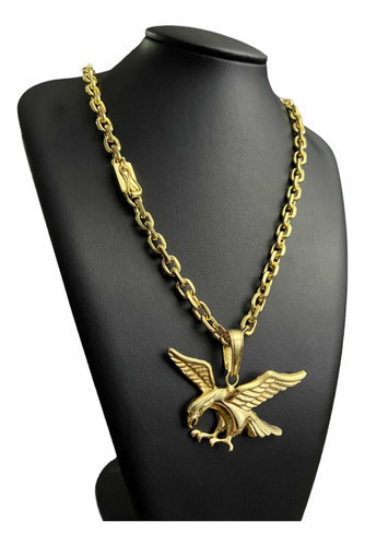 Cordão Luxo 8mm Cadeado Banhado A Ouro + Pingente Águia