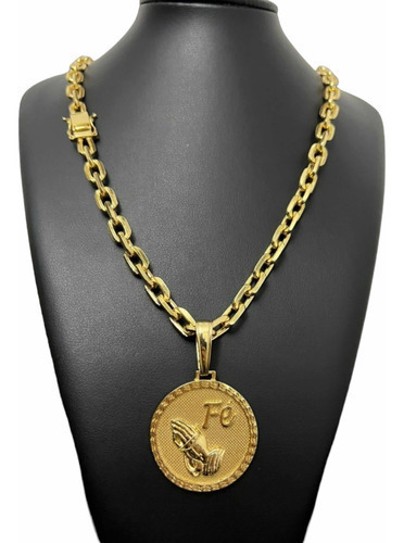 Cordão Banhado À Ouro 18k 8mm Cadeado Com Pingente Fé Luxo