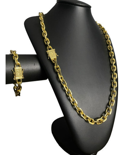 Cordão + Pulseira 12mm Cadeado Banhado A Ouro 18k Fecho 750