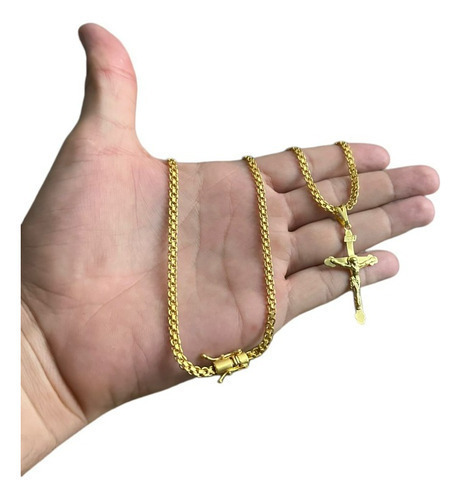 Cordão Cadeado Duplo 5mm + Cruz Boleada Banhado A Ouro 18k