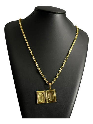Cordão 4mm Cadeado + Pingente Relicário Banhado Ouro 18k