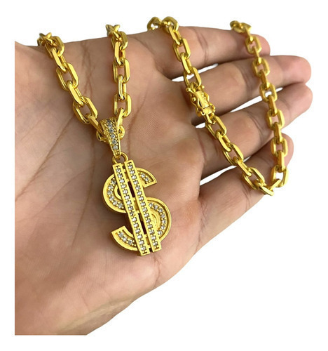 Cordão Cadeado 6mm + Pingente Cifrão Banhado A Ouro 18k Luxo