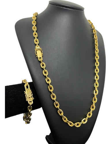 Kit Luxo Cordão + Pulseira 9mm Cadeado Banhado A Ouro 18k
