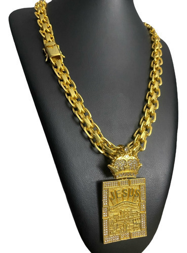 Cordão 13mm Cadeado Duplo + Jesus É O Dono Banhado A Ouro