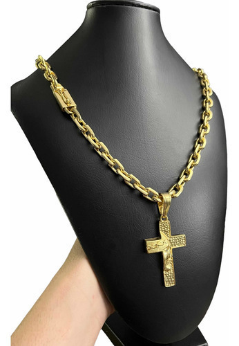 Cordão Crucifixo + Pingente 12mm Cadeado Banhado A Ouro 18k