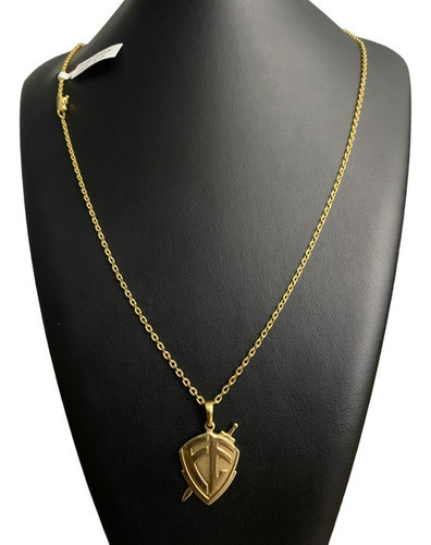 Cordão Cadeado 1mm + Pingente Escudo Fé Banhado A Ouro 18k