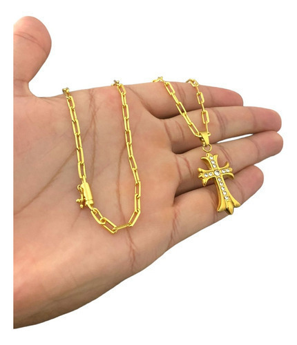 Cordão Cadeado Alongado 3mm Cruz Em Pedras Banhado Ouro 18k
