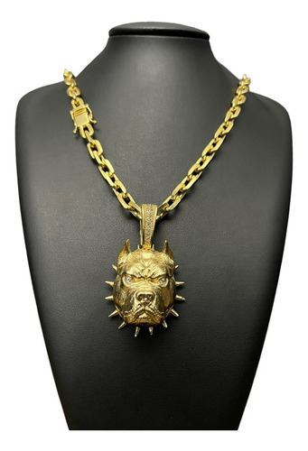 Cordão 10mm Cadeado + Pingente Pitbull Banhado A Ouro 18k