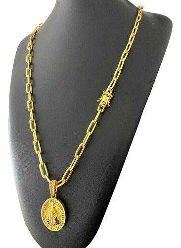 Cordão Cadeado Alongado 7mm + Pingente São Jorge Banhado Ouro