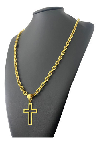 Cordão Cadeado 5mm + Crucifixo Vazado Banhado A Ouro 18k