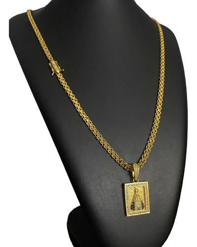 Cordão Cadeado Duplo 5mm Pingente Santa Nossa Sra Banhado