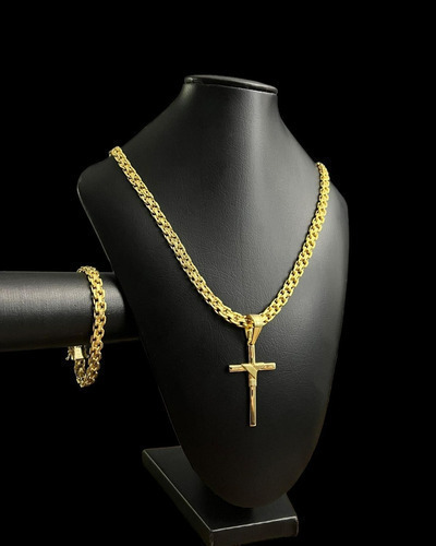 Cordão 10mm Cadeado Duplo + Pulseira + Ping Cruz Banhado 18k