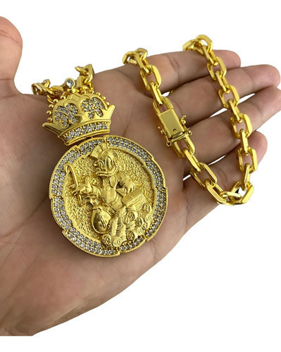 Cordão 10mm Cadeado + Pingente Tio Patinhas Banhado A Ouro