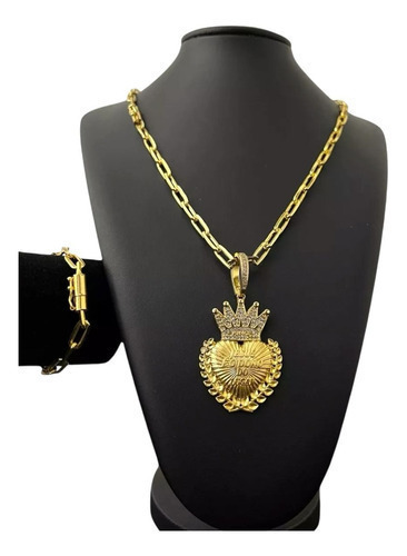 Kit Cordão Ping Pulseira Cadeado Alongado 7mm Banhado Ouro