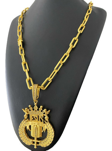 Cordão 12mm Cadeado Alongado Jesus Espada Banhado A Ouro 18k
