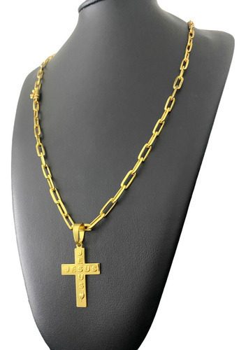 Cordão 7mm Cadeado Alongado + Cruz Jesus Banhado A Ouro 18k