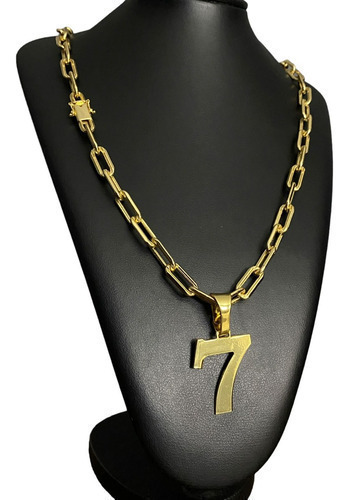 Cordão Cadeado Alongado 12mm + Pingente 7 Banhado A Ouro 18k