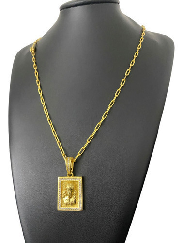 Cordão 3mm Cadeado Alongado + Ping Jesus 3d Banhado A Ouro
