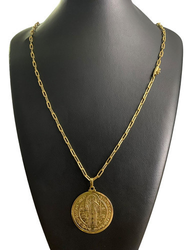 Cordão Cadeado Alongado 5mm + Ping São Bento Banhado A Ouro