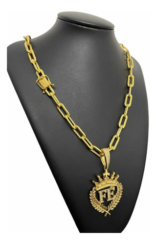 Cordão 12mm Cadeado Alongado + Pingente Fé Banhado A Ouro18k