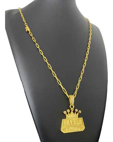 Cordão Cadeado Alongado 3mm + Favela Venceu Banhado Ouro 18k