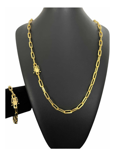 Cordão + Pulseira 7mm Cadeado Alongado Banhado A Ouro 18k