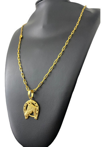 Cordão Cadeado Alongado 3mm + Ferradura Cavalo Banhado Ouro