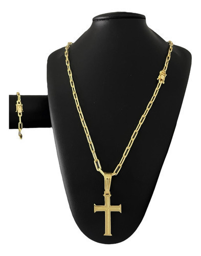 Cordão 5mm Com Pulseira E Pingente Cadeado Alongado Banhado