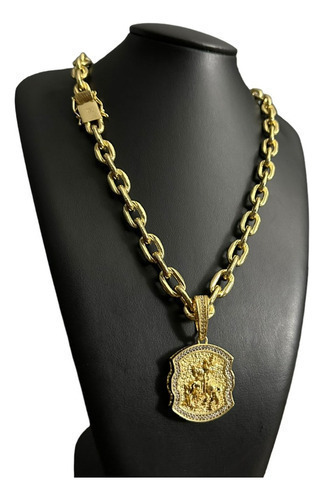 Cordão Cadeado 14mm + Pingente São Jorge Banhado A Ouro 18k