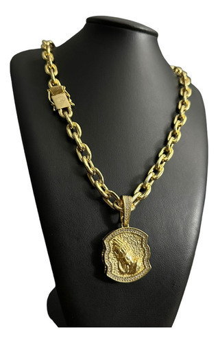 Cordão Cadeado 14mm + Pingente Mão Orando Banhado A Ouro 18k