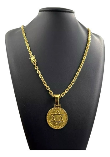 Cordão Cadeado 5mm + Pingente Estrela De Davi Banhado A Ouro