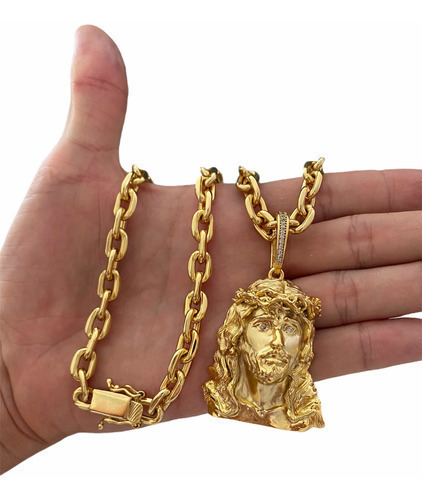 Cordão 10mm Cadeado + Pingente Jesus É O Dono Banhado Ouro