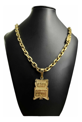 Cordão 12mm Pingente Jesus Dono Lugar Cadeado Banhado Ouro