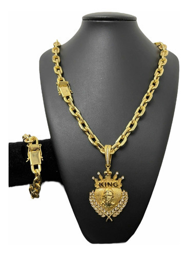 Cordão 14mm Cadeado + Pulseira + Pingente Banhado A Ouro 18k