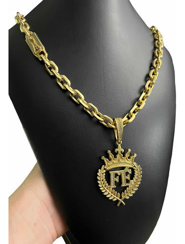 Cordão 12mm Cadeado Banhado A Ouro Com Pingente Fé Masculino