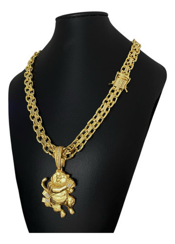 Cordão Cadeado Duplo 13mm + Ping Tigrinho Banhado A Ouro 18k