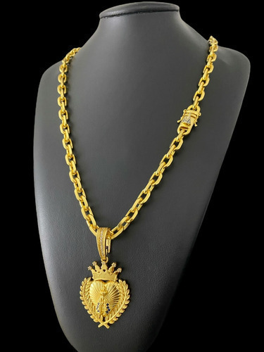 Cordão 8mm Cadeado Fecho + Pingente Nossa Sra Banhado A Ouro