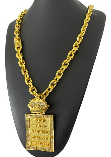 Cordão 12mm Cadeado + Pingente Tudo Posso Banhado A Ouro 18k