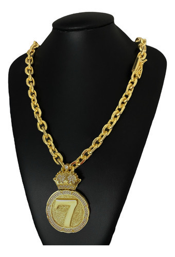 Cordão Cadeado 12mm + Pingente No 7 Banhado A Ouro 18k