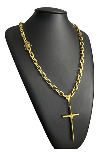 Cordão Cadeado Pingente Cruz 8mm Banhado A Ouro 18k Luxo