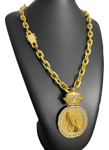 Cordão Cadeado 14mm Ping Person Mão Orando Banhado Ouro 18k