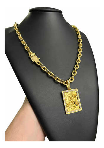 Cordão Cadeado 10mm + Pingente São Jorge Banhado Ouro 18k