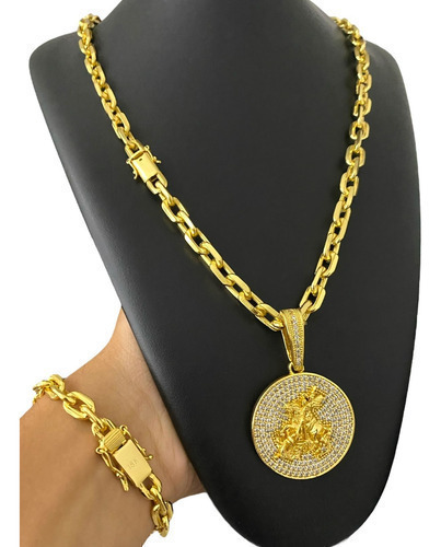 Kit Cordão Cadeado 10mm Pulseira + Pingente Banhado A Ouro