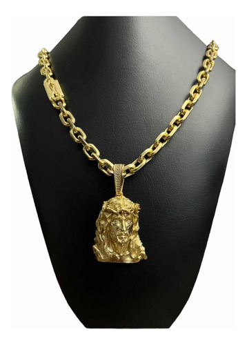 Cordão 12mm + Pingente Jesus Modelo Cadeado Banhado Ouro